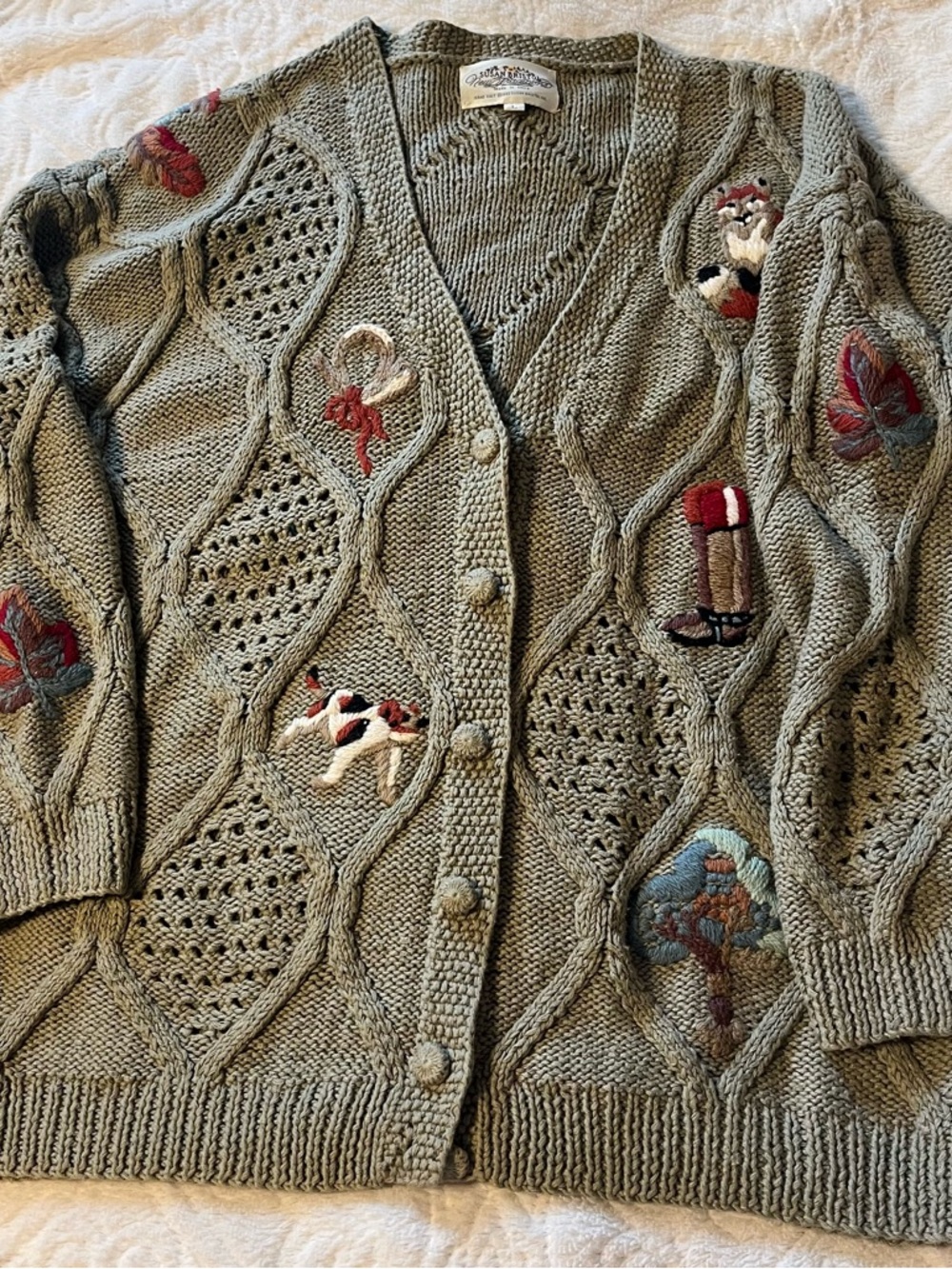 Susan Bristol Equestrian Theme Embroidered Cable Knit Cardigan